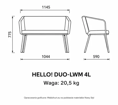 Sofa HELLO! DUO-LWM 4L Nowy Styl – rysunek techniczny z wymiarami 1145 × 590 × 775 mm