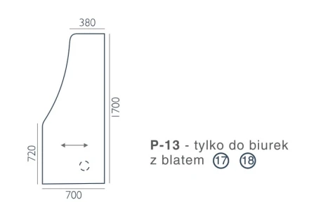 Rysunek z wymiarami przystawki P-13 Wuteh 700 × 1700 mm, kierunkiem usłojenia i miejscem montażu nogi