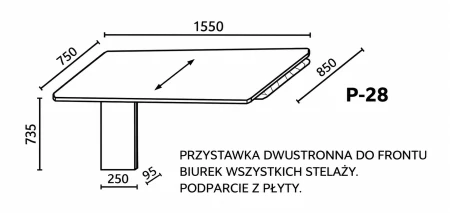 Rysunek z wymiarami przystawki P-28 Wuteh 1550 × 750_850 mm, nogą płytową i kierunkiem usłojenia.png