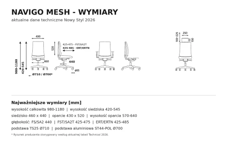 Krzesło Navigo Mesh Nowy Styl – rysunek z wymiarami