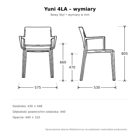 Yuni 4LA Nowy Styl — rysunek wymiarowy, wysokość 805 mm, szerokość 575 mm, głębokość 530 mm, wysokość siedziska 470 mm