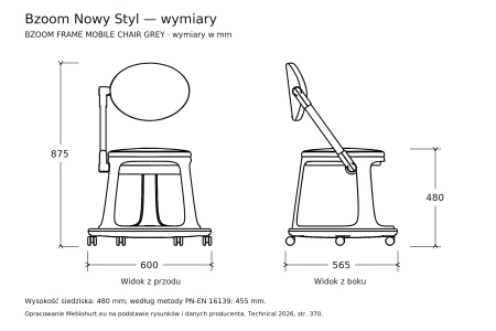Bzoom Nowy Styl — rysunek wymiarowy, wysokość 875 mm, szerokość 600 mm, głębokość 565 mm