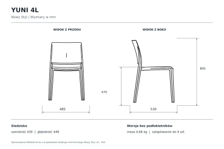 Yuni 4L Nowy Styl — rysunek wymiarowy, wysokość 805 mm, szerokość 485 mm, głębokość 530 mm, wysokość siedziska 470 mm
