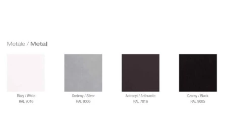 Kolory stelaża Bravo Wuteh – biały RAL 9016, srebrny RAL 9006, antracyt RAL 7016 i czarny RAL 9005