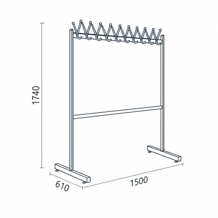 Wymiary wieszaka WS-04A Wuteh – szerokość 1500, głębokość 610 i wysokość 1740 mm