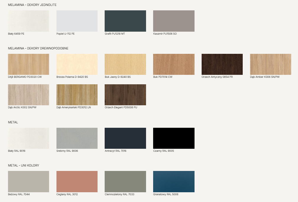 Dostępne dekory płyt i kolory metalu POLO Wuteh